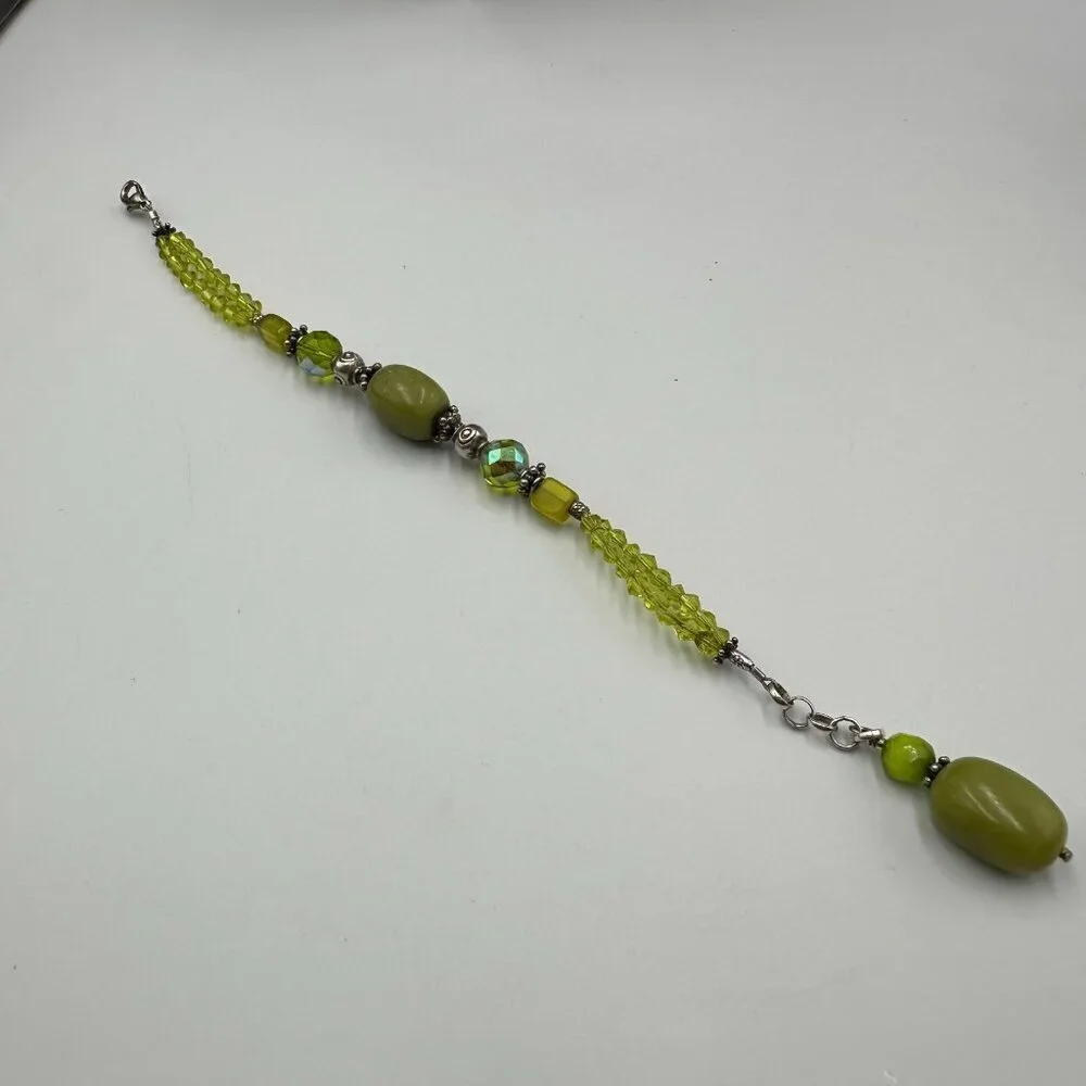 Artisan Bracelet Sterling Silver Beads Clasp Green Glass Dyed Stone Olive Tone